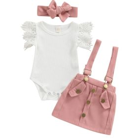 3Pcs Infant Baby Girl Outfits,Summer Clothes Sets Ruffle Ribbed Romper (Option: Pink-90)
