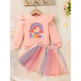Baby Girls Rainbow Skirt Set Letters Embroidery Long Sleeve Sweatshirt Tops & Rainbow Tutu Skirt Outfits (Option: Pink-18to24 Months)