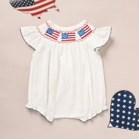 Baby Girl 4th Of July Bubble Romper, Smocked Fly Sleeve Bodysuit With American Flag Embroidery (Option: White-9to12 Months)