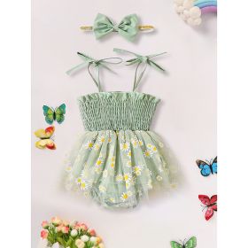 Newborn Infant Baby Girl Summer Outfits Romper Dress Floral Jumpsuit With Bow Headband Set (Option: Green-9to12 Months)