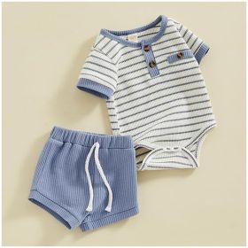 Baby Boy Summer Clothes Button Short Sleeve Romper Bodysuit Shorts Set Infant Soft Waffle Outfit (Option: 90)