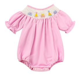Infant Girls' Cute Birthday Smocked Bubble Romper Short Sleeves Crew Neck Cartoon Embroidery Princess Party Romper Bodysuit (Option: Pink-6to9 Months)