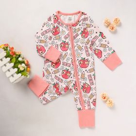 Adorable Infant Romper For Back To School Apple And Pencil Print Long Sleeve Jumpsuit Outfit (Option: Pink-3to6 Months)