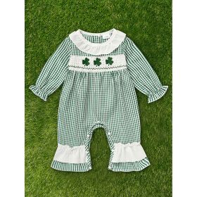 Ewborn Baby Girls Green Plaid Four-leaf Clover Allover Print One-piece Long Sleeve Bodysuit (Option: Green-6to9 Months)