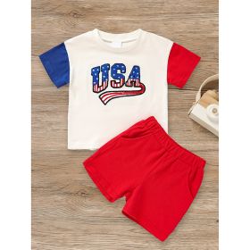 Infant Baby Boy 4th Of July Outfit Set USA Letter Print Color Block T-Shirt & Shorts For Independence Day Celebration (Option: Red-9to12 Months)